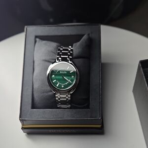 Bulova Silver Watch with Green Dial